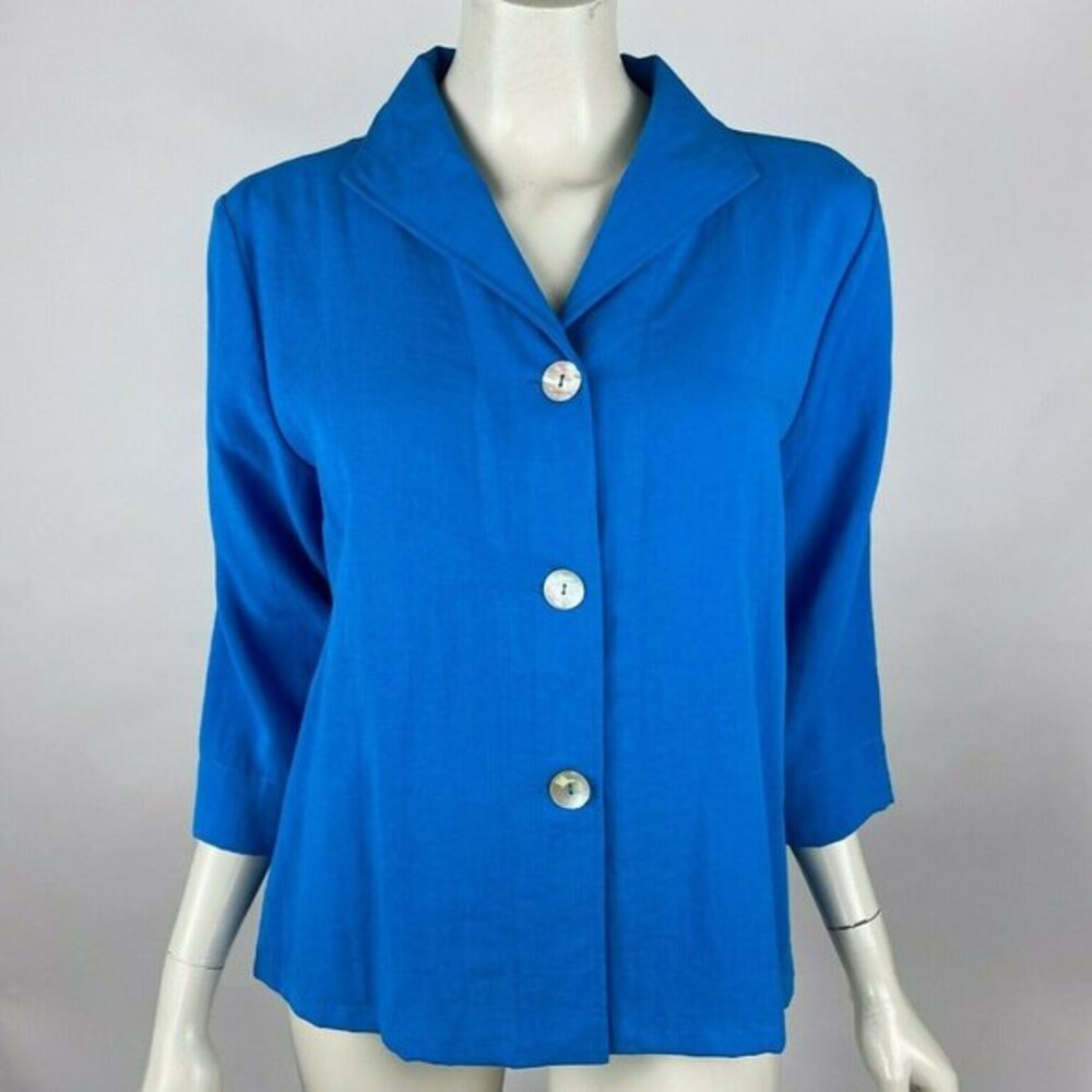 Fridaze Sailor Jacket Linen Button Up Collared V-neck 3/4 Sleeve Blue‎ Women M